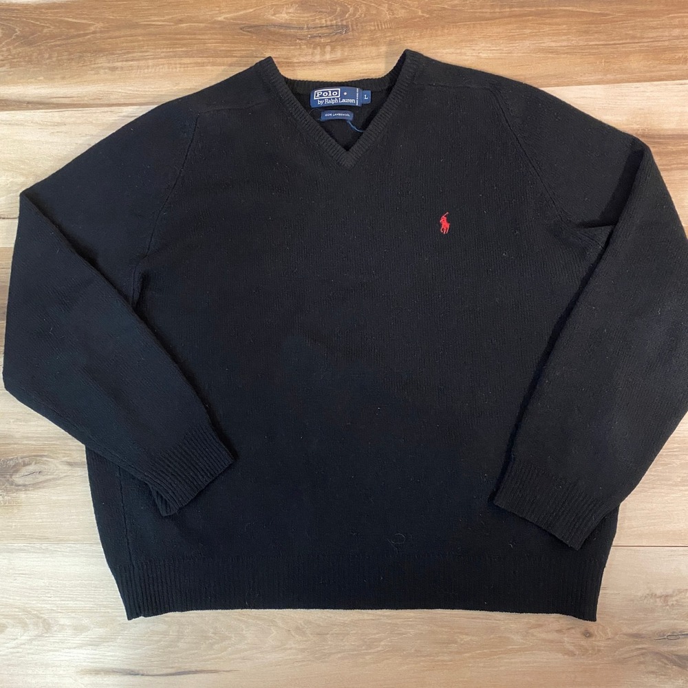 Vintage Polo Ralph Lauren Sweater Mens Large 100% Lambswool V-Neck Red Pony